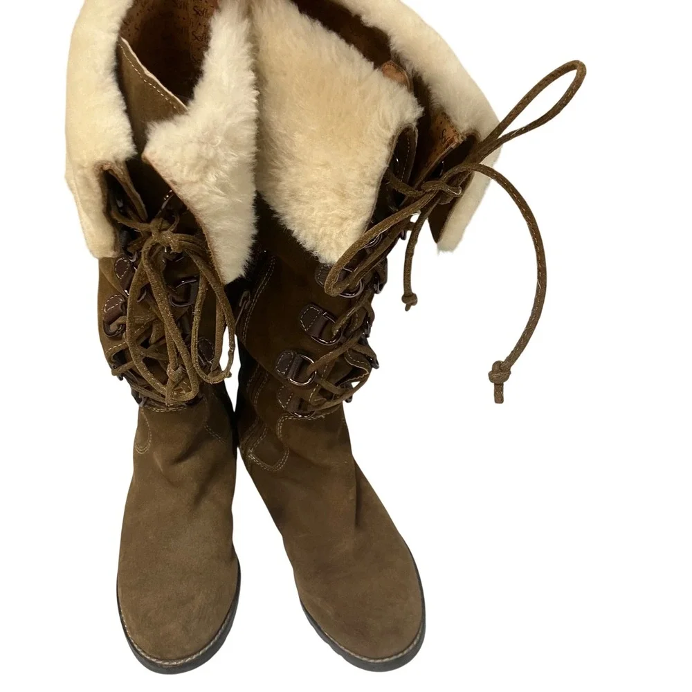 Sofft Barbourne Brown Suede Faux Fur Trim Tall Winter Boots Lace Up Womens 7.5
